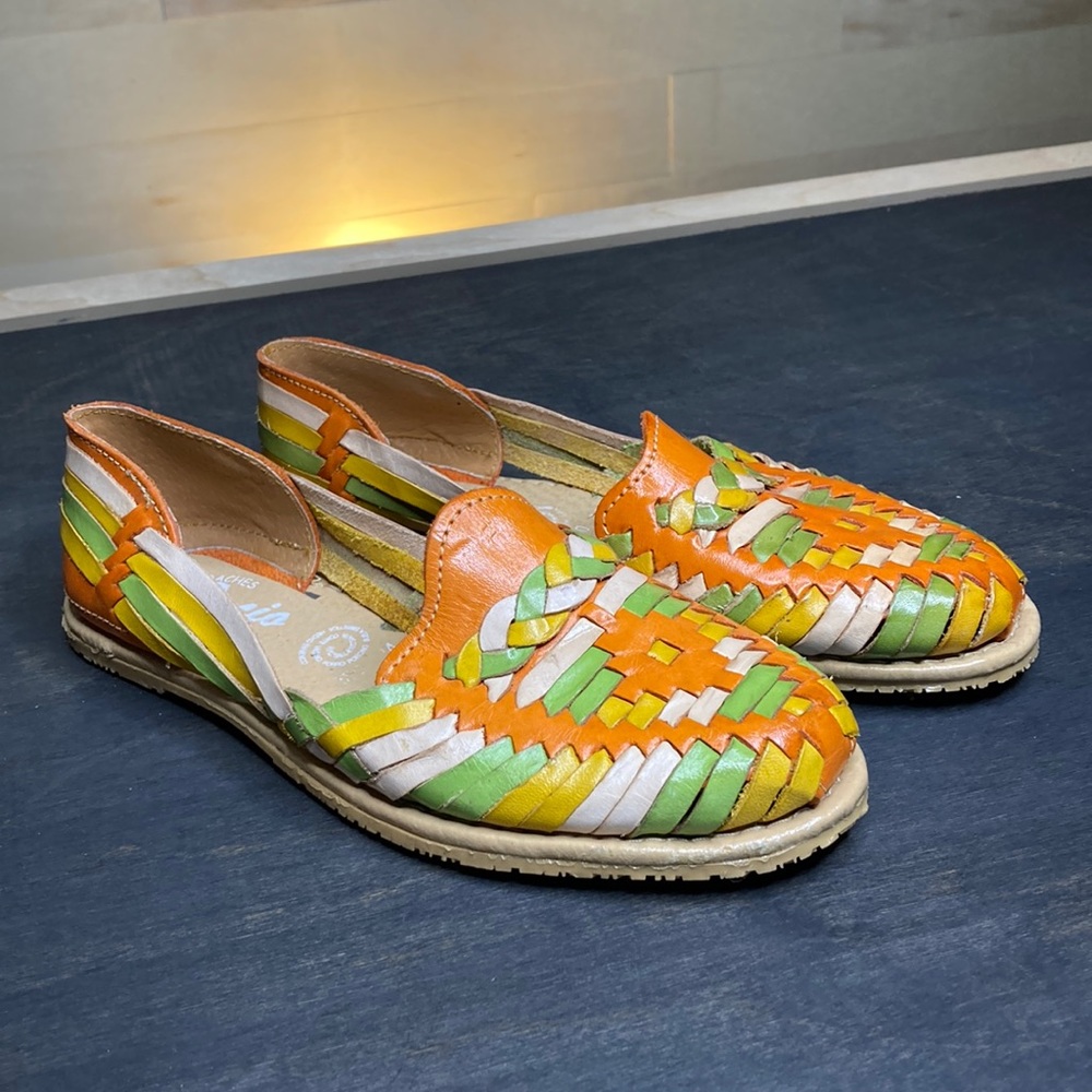 Huaraches leather sandals green orange BoHo cottage core braided leather slip on